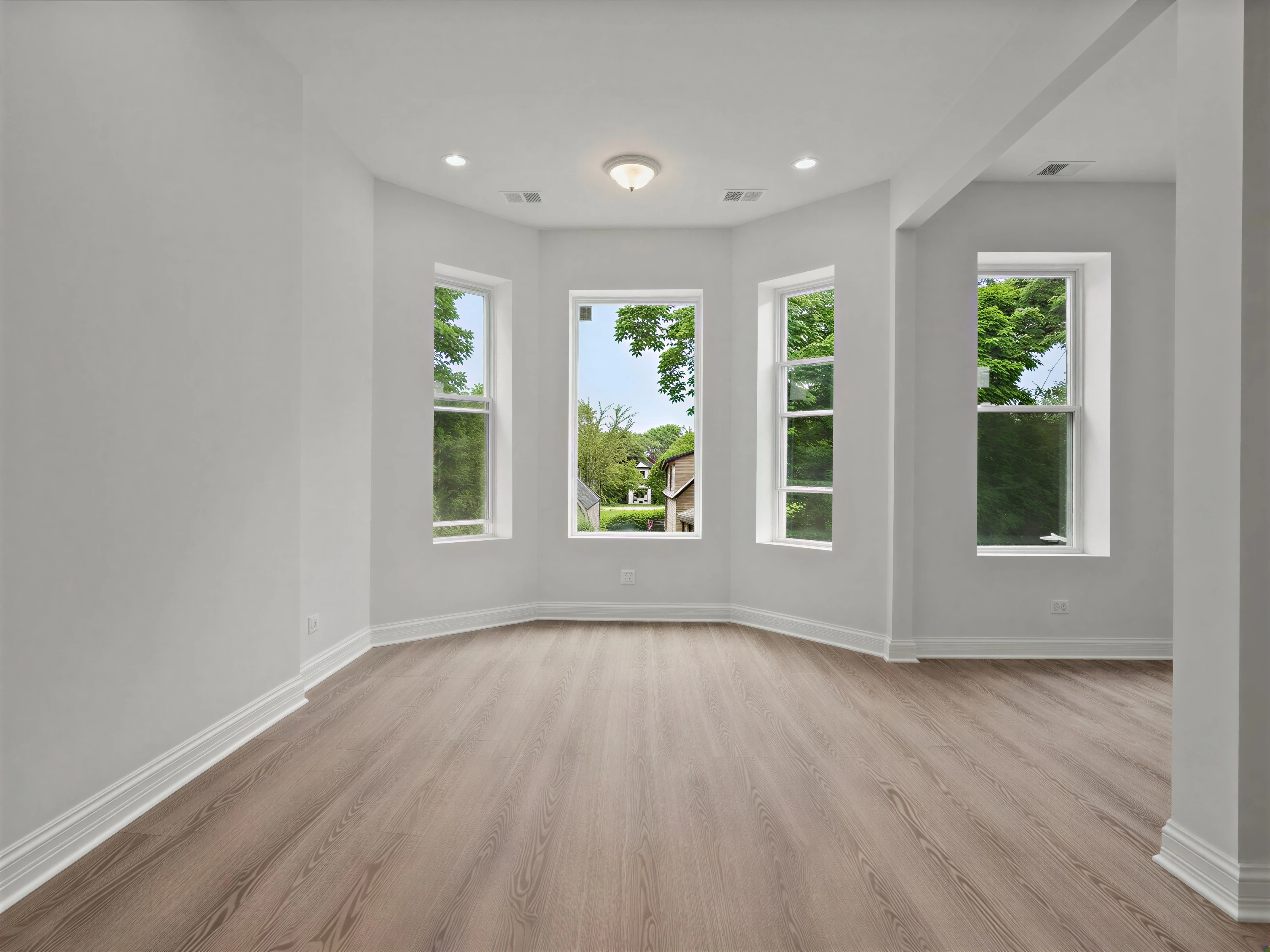 Living room with corner windows and recessed lighting