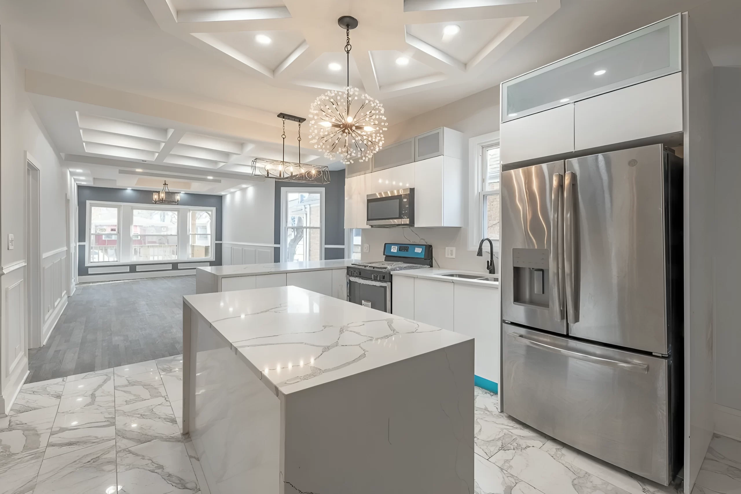 Open-concept kitchen and dining after full gut rehab