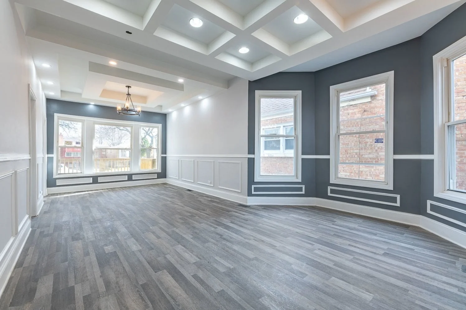 Living room with a coffered ceiling